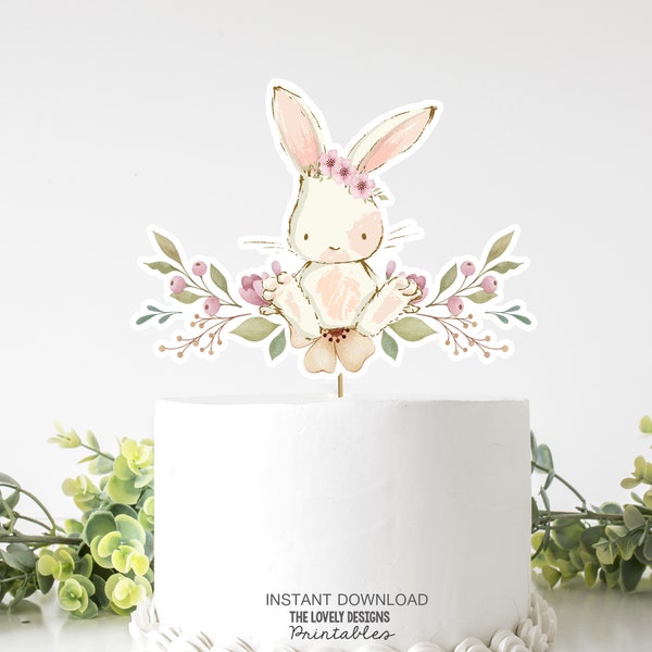 Cake Topper Bunny Girl Birthday Bunny Centerpiece Cutouts Easter Pink Floral Spring Rabbit Some Bunny is One Printable INSTANT DOWNLOAD SBF7