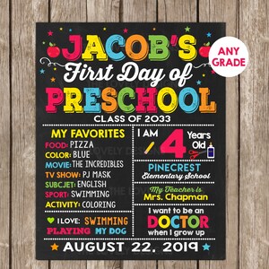 Boy First Day of School Chalkboard Sign ANY GRADE , Back to School Sign Chalkboard,Photo Prop, Printable, First day of Kindergarten Sign