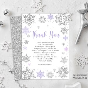EDITABLE Tarjeta de agradecimiento de invierno Tarjeta de baby shower de invierno Copos de nieve de invierno Lavanda Púrpura Notas de agradecimiento Tarjeta de invierno DESCARGA IMPRIMIBLE SWL6