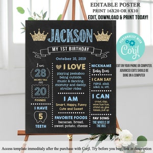 EDITABLE Príncipe Primer Cumpleaños Pizarra Cartel Azul y Oro 1er Cumpleaños Hito Principito tema Descarga instantánea Mr. Onederful