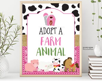 Farm Adopt A Farm Animal Sign Farm Girl Birthday Sign Farm Animals Barnyard Bash Farm Sign Printable Pink Farm Party Sign INSTANT DOWNLOAD