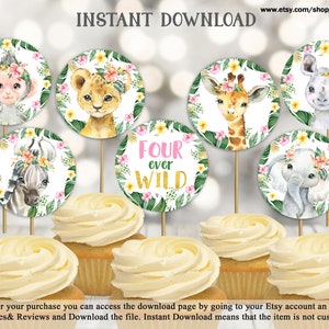 May include: A set of 7 printable cupcake toppers featuring watercolour illustrations of jungle animals wearing flower crowns. The toppers include a monkey, lion, giraffe, zebra, rhino, elephant, and a topper that says "Four Ever Wild".