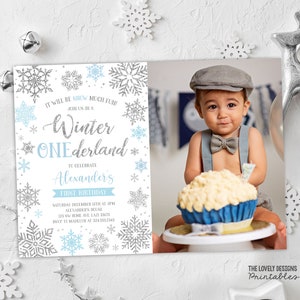 EDITABLE Winter Wonderland Birthday Photo Invitation Winter Birthday Invitation Snowflakes Blue and Silver Invite PRINTABLE DOWNLOAD SWB4