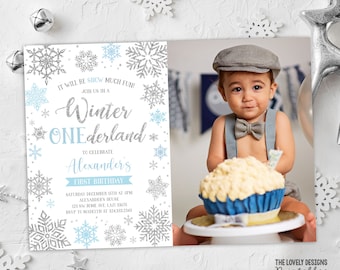 May include: A blue and silver snowflake themed invitation for a first birthday party. The invitation reads "It will be snow much fun! Join us in a Winter ONEderland to celebrate Alexander's First Birthday." The invitation includes a photo of a baby boy wearing a grey cap and bow tie.