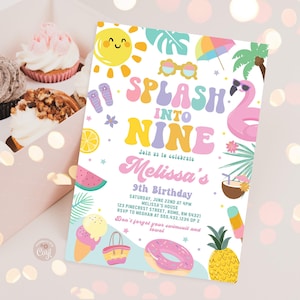Bewerkbare Splash in Nine 9e verjaardag zwembad uitnodiging voor feest Splish Splash Party Girly tropische zomer verjaardagsfeestje Instant Download PPS