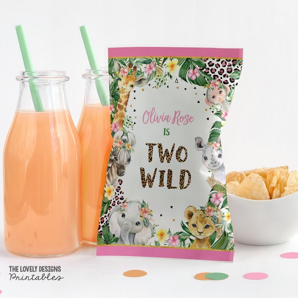 EDITABLE Two Wild Leopard Print Chip Bag Wrapper Girl 2nd Birthday Two Wild Safari Animals Party Favors Bags PRINTABLE DOWNLOAD JLP3
