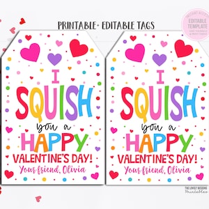I Squish You Happy Valentine&#39;s Day Squishies Gift Tag Squeeze Squishee Squishie Valentine&#39;s Day Toy Kids Classroom EditableTemplate
