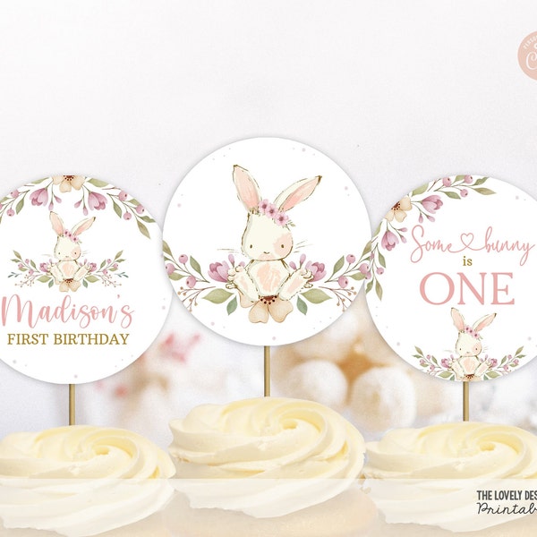 EDITABLE Cupcake Toppers Bunny Bunny Pink Floral Spring Rabbit Easter Bunny Birthday Some Bunny is One Circle Decor PRINTABLE DOWNLOAD SBF7