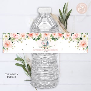 Étiquette modifiable de bouteille d&#39;eau d&#39;éléphant de baby shower d&#39;éléphant, d&#39;étiquette de bouteille de douche de fille de la jungle, d&#39;emballage de bouteille d&#39;éléphant de safari, téléchargement imprimable
