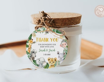 Editable Jungle Favor Tag 2.5" Jungle Baby Shower Gift Tags Neutral Safari Animals Circle Round Tags Jungle Boy Tags PRINTABLE DOWNLOAD