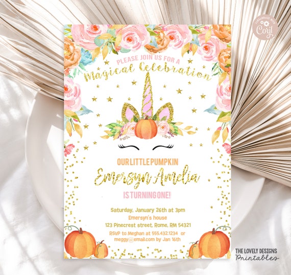 Unicorn Pumpkin Invitation Pumpkin Invitation Magical Unicorn Invite Floral Pink and Gold Fall Autumn Unicorn Invitation PRINTABLE DOWNLOAD
