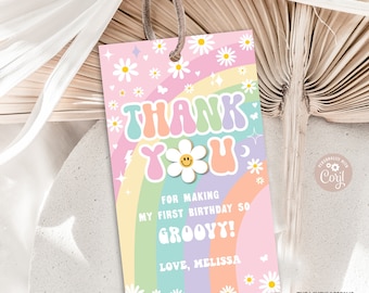 EDITIERBARE Groovy Geburtstagsgeschenk Anhänger Zwei Groovy One Birthday Regenbogen Gänseblümchen Rosa Lila Minze Retro Hippie 70er Jahre Party Vibe DRUCKBARE DOWNLOAD GRP8