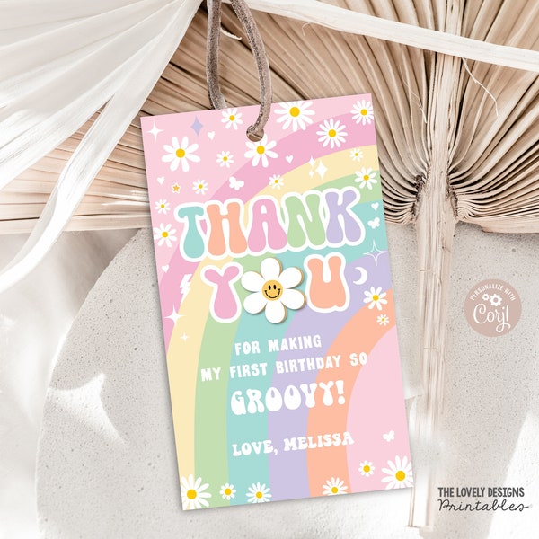 EDITABLE Groovy Birthday Gift Tag Two Groovy One Birthday Rainbow Daisy Pink Purple Mint Retro Hippie 70s Party Vibe PRINTABLE DOWNLOAD GRP8