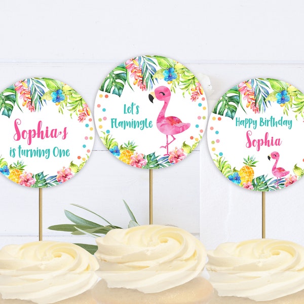 EDITABLE Flamingo Cupcake Toppers Flamingo Birthday Circles Decor Flamingo Tropical Pool Party Pineapple Dessert Table PRINTABLE DOWNLOAD