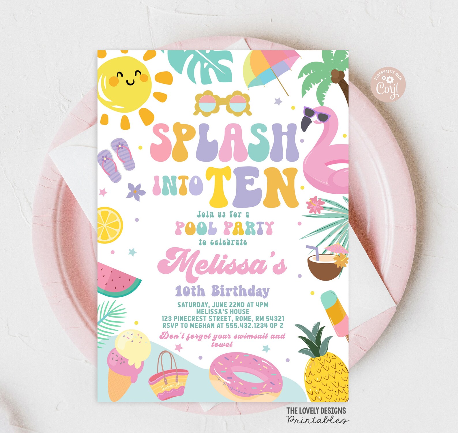Editable Splash Into Ten 10th Birthday Pool Party Invitation Splish ...