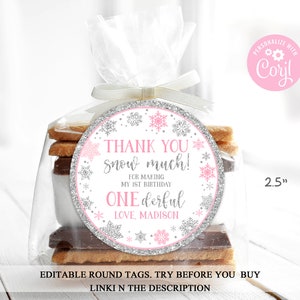 EDITABLE Winter ONEderland Gift Tag 2.5" Snowflakes hot Pink Winter Birthday Snow Much Circle Round Thank You Tag PRINTABLE DOWNLOAD SWH5