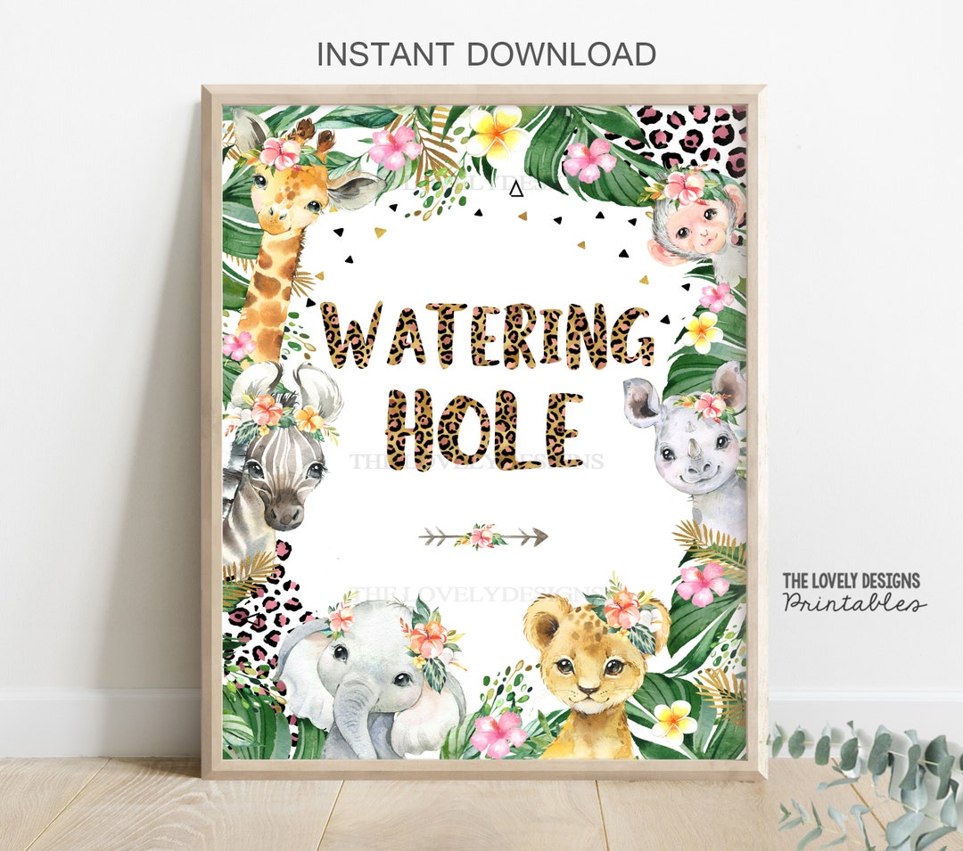Watering Hole Sign Leopard Print Birthday Party Sign Wild Girl Sign Safari Animals Cheetah Party ...