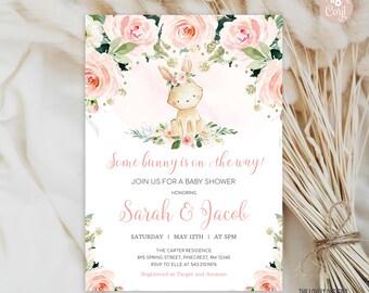 May include: A pink and green baby shower invitation with a watercolor illustration of a bunny wearing a flower crown. The text reads "Some bunny is on the way!" and includes the names "Sarah & Jacob" and the date "May 12th".