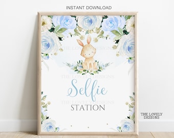 Boy Bunny Selfie Station Sign Bunny Birthday Party Sign Easter Floral Bunny Baby Shower Bunny Photo Booth Sign Printable INSTANT DOWNLOAD