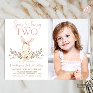 Some Bunny is Two Invitation: Pink Floral 2nd Birthday (Digital Download)