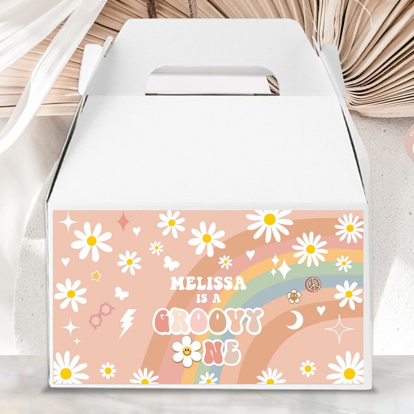 EDITABLE Groovy One Gable Box Label Groovy 1st Birthday Party Favor Bags Daisy Rainbow Hippie Retro 70's Party Vibe PRINTABLE DOWNLOAD GRM4