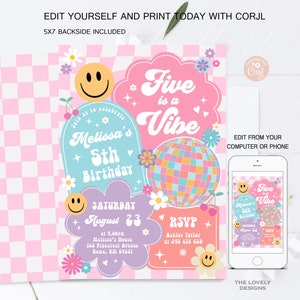 May include: A pink and white checkered background with a colorful invitation for a 5th birthday party. The invitation features a disco ball, flowers, and the text "Five is a Vibe".