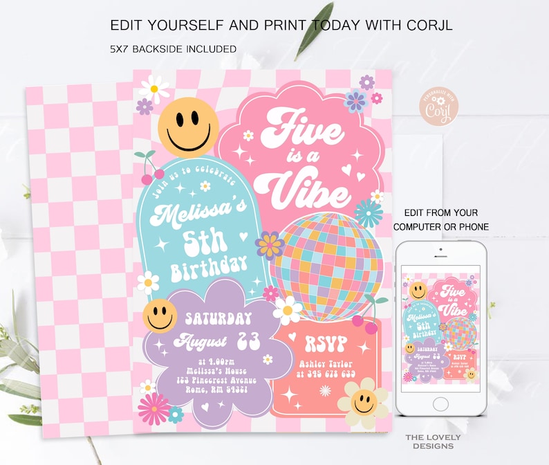May include: A pink and white checkered background with a colorful invitation for a 5th birthday party. The invitation features a disco ball, flowers, and the text "Five is a Vibe".