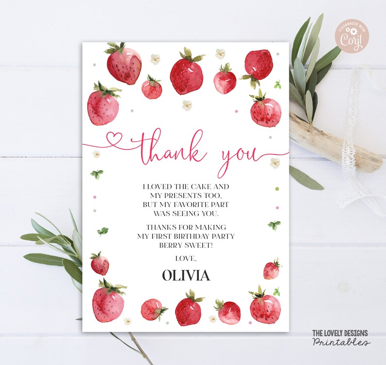 EDITABLE Strawberry Thank You Card Sweet Strawberry Birthday Etsy