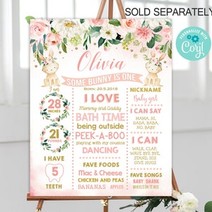 May include: Pink and green floral first birthday sign featuring a bunny rabbit illustration. The sign reads "Olivia Some Bunny is One" and includes details about the child's age, height, weight, favourite foods, and songs.