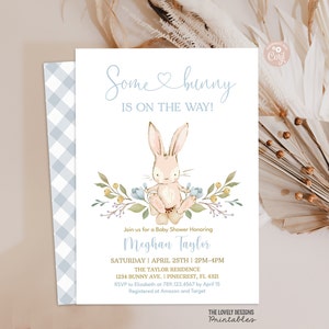 Bunny Boy Baby Shower Invitation Some Bunny is on the Way Easter Blue Floral Spring Rabbit Invitation PRINTABLE EDITABLE DOWNLOAD BF1 image 2