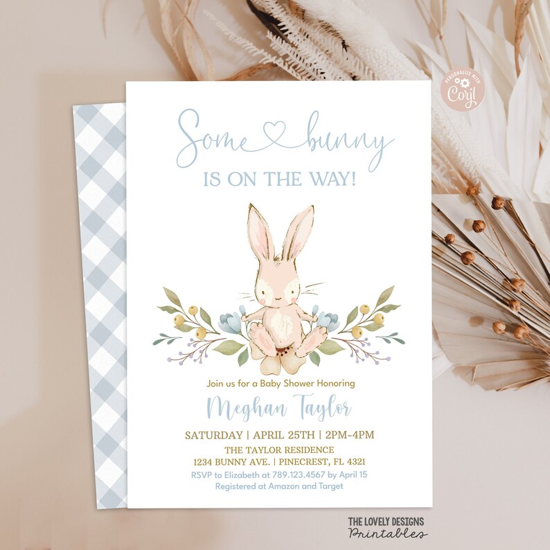 Bunny Boy Baby Shower Invitation Some Bunny is on the Way Easter Blue Floral Spring Rabbit Invitation PRINTABLE EDITABLE DOWNLOAD BF1 image 2