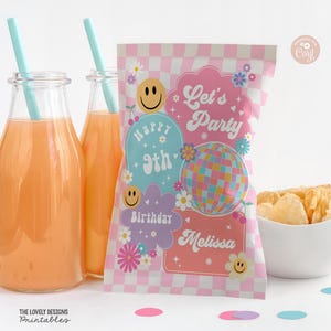 EDITIERBARE Chip Bag Wrapper Kariertes Lächeln Gesicht Retro Groovy Birthday Favor Bags Emoji Hippie Disco Party Vorlage DRUCKBARE DOWNLOAD