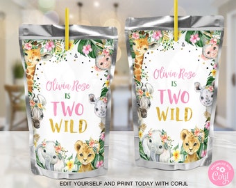 May include: Two juice box labels with a jungle theme. The labels feature a giraffe, zebra, elephant, and lion with floral accents. The text on the labels reads "Olivia Rose is Two Wild".