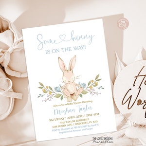 Bunny Boy Baby Shower Invitation Some Bunny is on the Way Easter Blue Floral Spring Rabbit Invitation PRINTABLE EDITABLE DOWNLOAD BF1 image 1