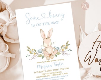 Bunny Boy Baby Shower Invitation Some Bunny is on the Way Easter Blue Floral Spring Rabbit Invitation PRINTABLE EDITABLE DOWNLOAD BF1