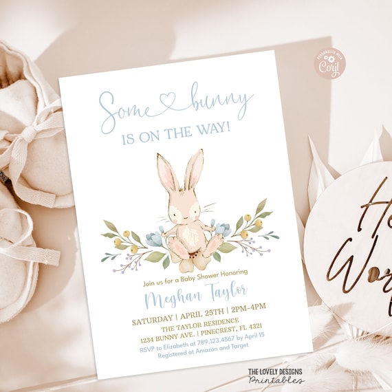 Bunny Boy Baby Shower Invitation Some Bunny is on the Way Easter Blue Floral Spring Rabbit Invitation PRINTABLE EDITABLE DOWNLOAD BF1