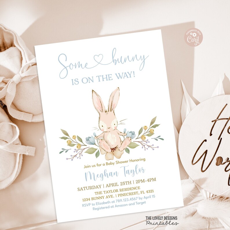 Bunny Boy Baby Shower Invitation Some Bunny is on the Way Easter Blue Floral Spring Rabbit Invitation PRINTABLE EDITABLE DOWNLOAD BF1 image 1