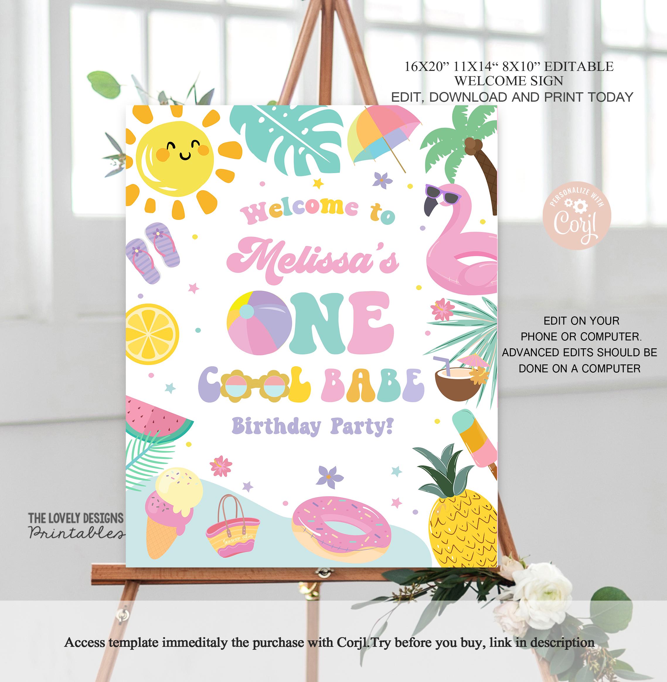 Pool Party Welcome Sign: Tropical First Birthday (Digital Download)
