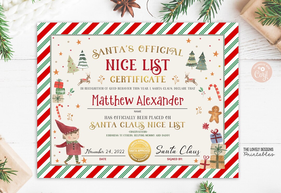 Editable Santa Claus Official Nice List Certificate Letter From Desk ...