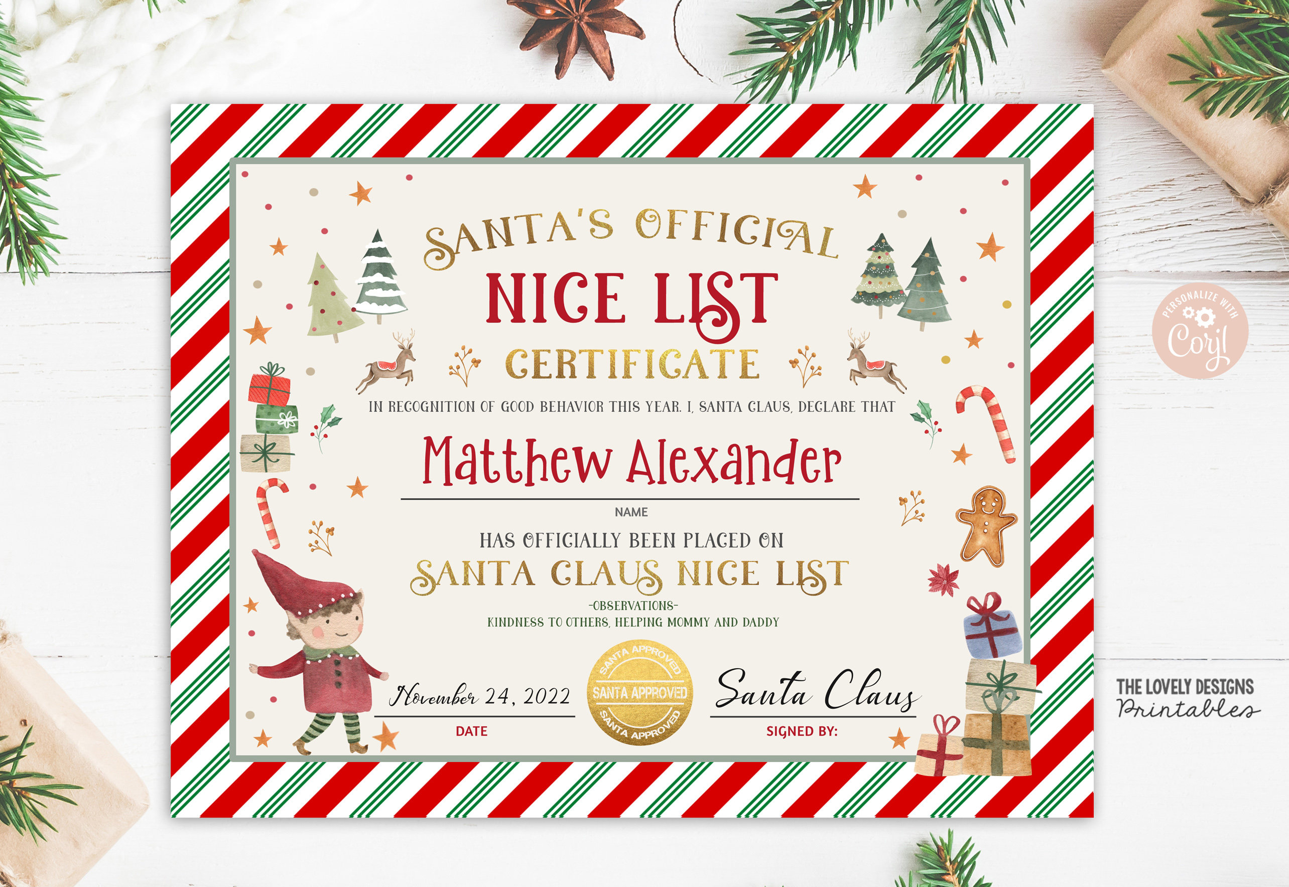 Editable Santa Claus Official Nice List Certificate Letter From Desk ...