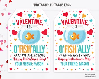 Valentine Goldfish Tags, O'fish'ally Glad We're Friends, Kids Valentine Gift tags Preschool Classroom School Fish Tag Editable Template