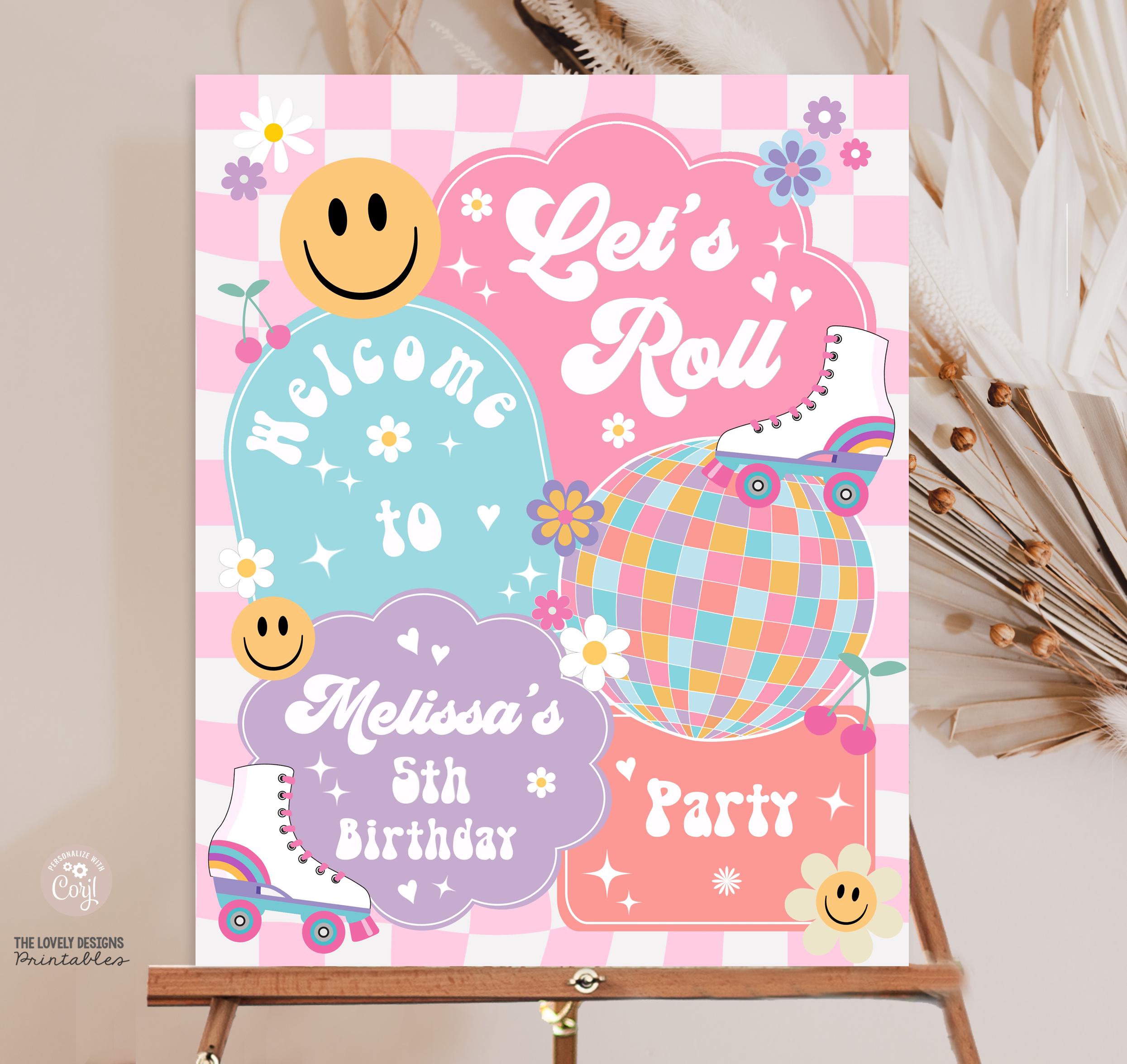 Retro Roller Skate Birthday Welcome Sign: Editable Checkered Design ...