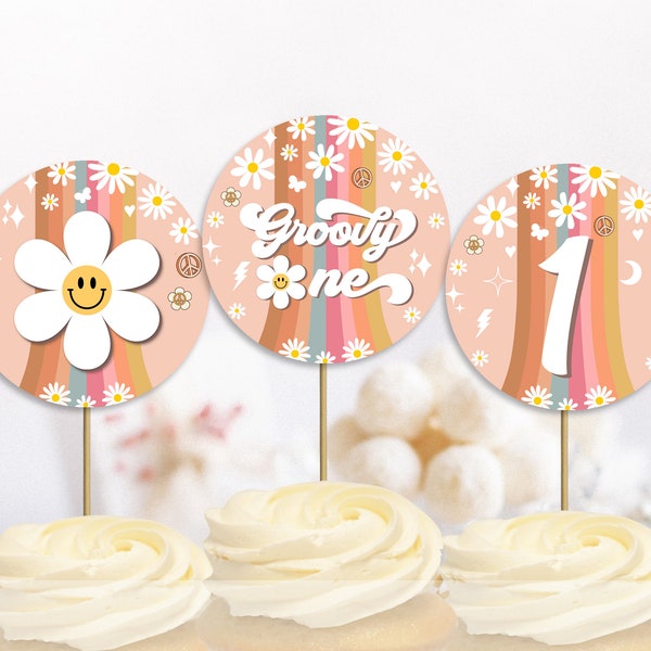 Groovy 1st Birthday Cupcake Toppers Groovy One Circles Decor Daisy Rainbow Orange Blue Hippie 70's Party Festival Vibe INSTANT DOWNLOAD GBO9
