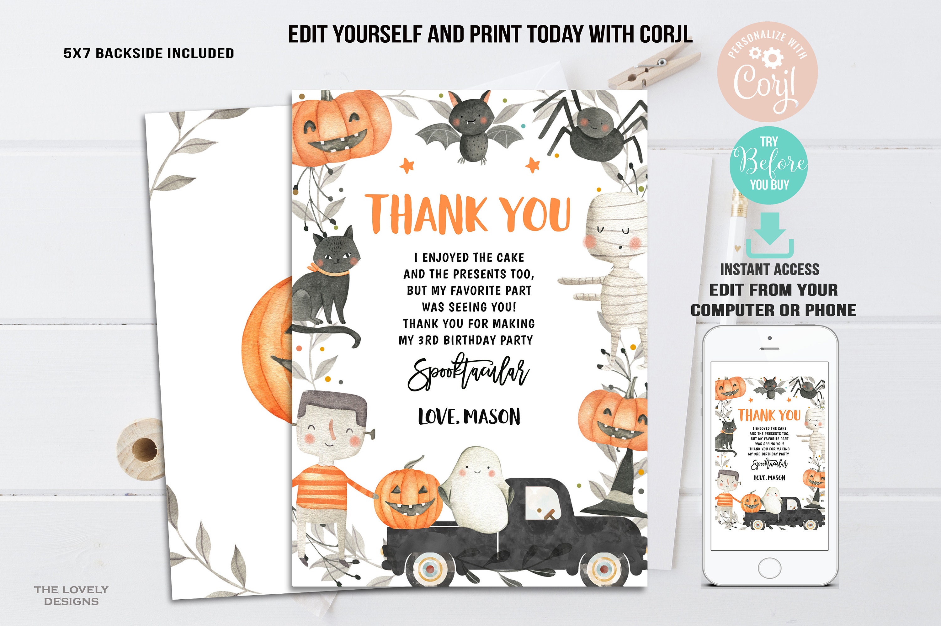 EDITABLE Halloween Thank You Card Halloween Birthday Cards Pumpkin Cute ...