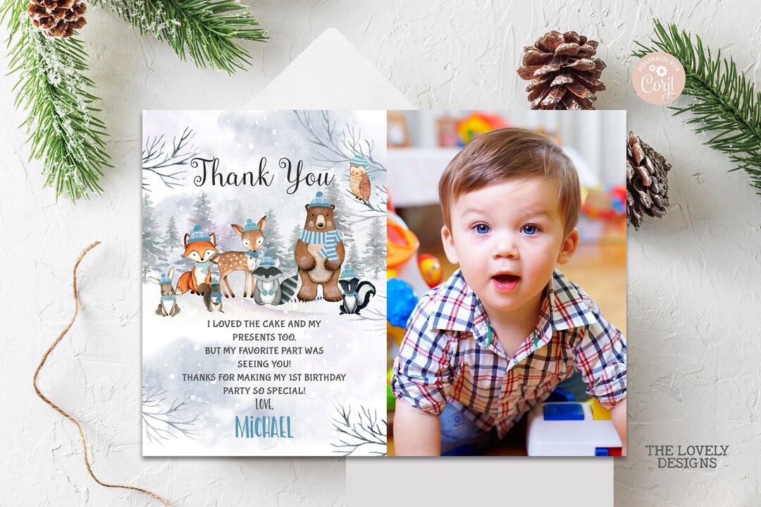 EDITABLE Woodland Winter Thank You Card With Photo Woodland Birthday ...