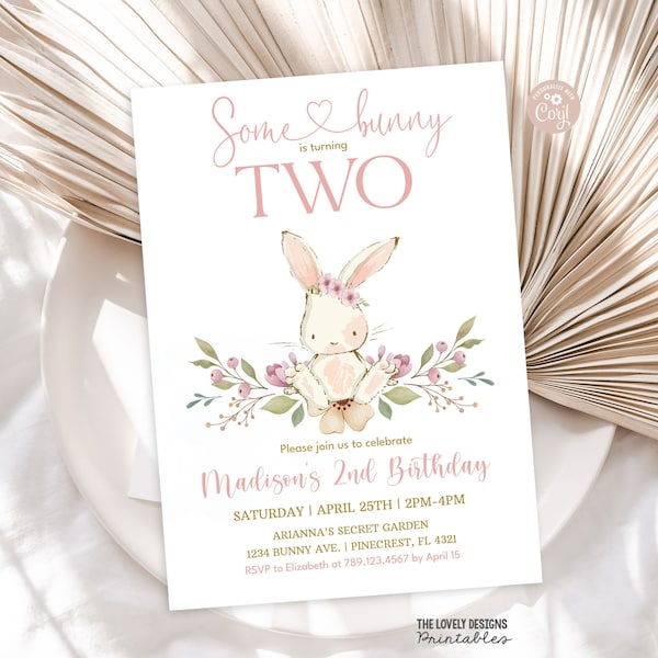 Bunny 2nd Birthday invitation Some Bunny is turning Two invitation Pink Floral Spring Rabbit Birthday Invitation Editable DOWNLOAD SBF7