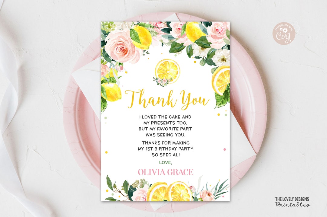 EDITABLE Lemonade Thank You Card Sunshine Lemonade Birthday Party ...