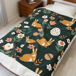 Bunny Rabbit Velveteen Plush Blanket: Whimsical Floral Throw