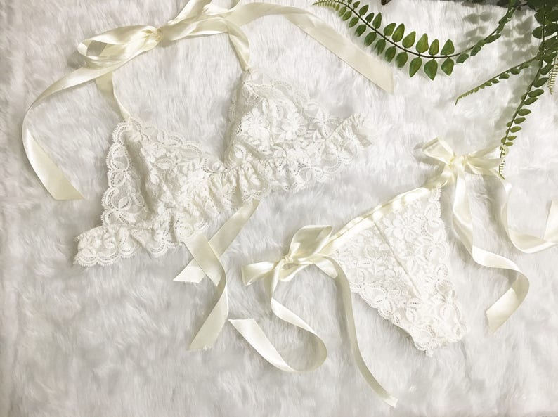 Bridal Lingerie Honeymoon Lingerie Halter Bralette Sheer Lingerie Lingerie Set WILLOW Lace Panties Handmade Lingerie