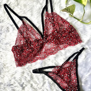 Red Leopard Lace Lingerie Set, Bra and Panty Set